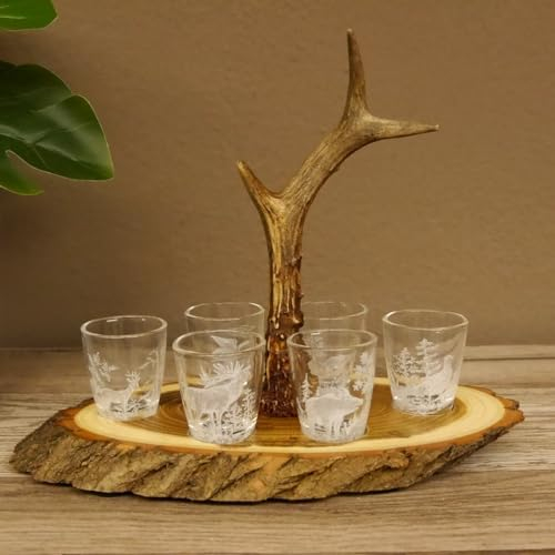 GTK - Geweihe & Trophäen KRUMHOLZ Schnaps Anbieter Akazieschild mit Rehstange Griff und 6 Stück Gläser 2cl mit Jagdmotiv weiß