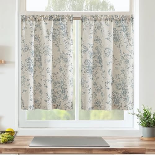 Vangao Scheibengardinen Blumen Modern Küche Vorhang Kurz Vintage Leinenoptik Bistrogardine 2er Set 65Bx60Hcm Landhausstil Wohnwagen Vorhänge Blau und Beige Wohnzimmer Küchengardinen Halbtransparent