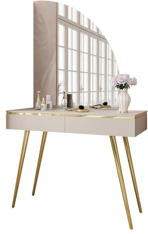 lukmebel - Schminktisch mit Spiegel - Schminkspiegel mit Beleuchtung und Schubladen - Konsolentisch Schmal mit Beinen in Gold - Make Up Tisch Frisiertisch Kosmetiktisch Matt Kaschmir Gold - Aurora-SQ