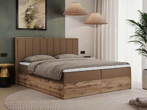 MKS MEBLE Boxspringbett 160x200 mit Bettkasten Eiche, Polsterbett 160x200 mit Matratze H4, Bett 160x200 mit Kopfteil, Bett mit Holzrahmen in Wotan Eiche - Braun Kunstleder - Bellissimo