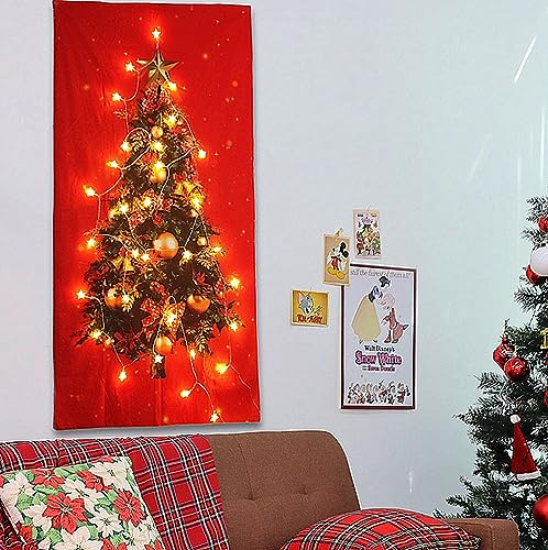 KuSONG Arazzo Babbo Natale albero, di sfondo panno da appendere alla parete per festa di Natale con luce a forma di stella, decorazione della stanza festival (Rosso grande)