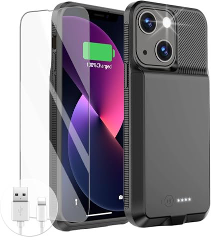 GIN FOXI Battery Case for iPhone 13/13 Pro/14/14 Pro, Ultra-Slim Charging Case Real 7000mAh Rechargeable Anti-Fall Protection Extended Charger Cover for iPhone (6.1 inch) (Black)