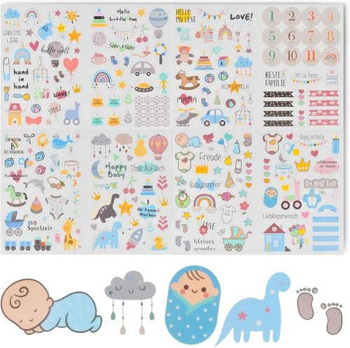 Sticker Babyalbum Aufkleber Fotoalbum Baby Babysticker Transparent mit 212 Motiven auf 4 Bögen Set für Kinder Babyparty Geschenk Jahr Buch Scrapbook Zubehör (bule)