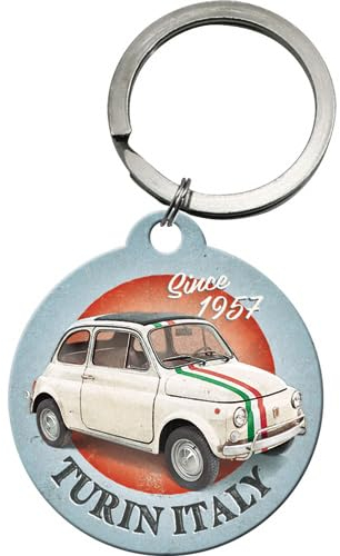 Nostalgic-Art Retro Schlüsselanhänger, Ø 4 cm, Fiat 500 – Turin Italy – Geschenk-Idee für Fiat-Zubehör Fans, Original Lizenzprodukt (OLP), aus Metall, Vintage Design