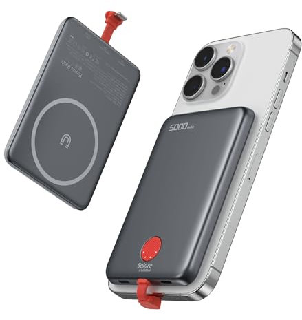Powerbank Ultra Slim, 5000mAh Magnetische Power Bank USB C 20W Schnellladung Tragbares Ladegerät mit Kabel, Handy Akkupack Mini Powerbank Apple für iPhone 16, iPhone 15 14 13 12 Pro Max