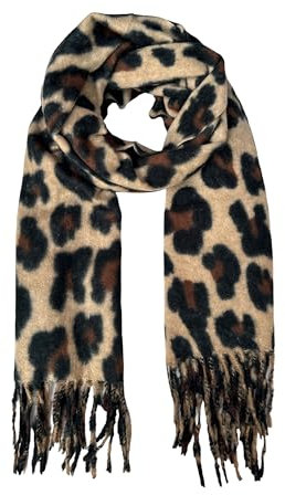 stylx Damen Schal mit LEOPARD Muster, mit FRANSEN, Modische und Eleganter offener Schal Langer Schal Winter und Herbst Leo Schals für Frauen (camel)
