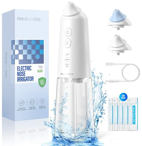 Medcodes Sistema eléctrico de riego nasal, máquina de enjuague sinusal con 30 paquetes de sal, alivia rápidamente las molestias nasales, enjuague nasal y limpiador de nariz para adultos (grande A)