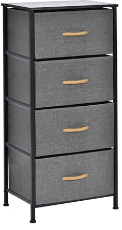 simpa Chest of Drawers - Single Fabric Storage Tower with 4 Drawers, Sturdy Black Steel Frame, Black Wooden Top & Grey Easy Pull Fabric Drawers