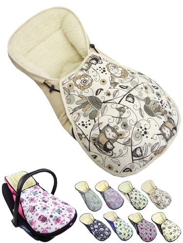 Fußsack für Babyschale [Winterfußsack] für Kinderautositz kompatibel mit Maxi Cosi Babyschalen Gruppe 0+ Lammwolle Sitzauflage verstellbar (Eule 3)