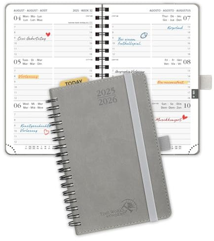 POPRUN Taschenkalender 2025 2026 Klein (Aug.2025-Dez.2026) Ringbuch mit Softcover, ca. A6 (16 x 10,5 cm), terminplaner 2025 2026 Klein 1 Woche 2 Seite mit Plastiklineal - Grau