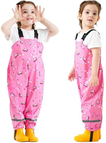 Domueay Pantaloni Impermeabili Bambina Pantaloni Pioggia Leggero Traspirante Salopette Antipioggia Antivento Pantaloni Fango Riflettente per Ragazze 6 Anni, 122-128 Rosa