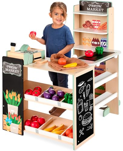 Best Choice Products Pretend Play Grocery Store Wooden Supermarket Toy Set for Kids w/Play Food, Chalkboard, Cash Register, Working Conveyor - Natural