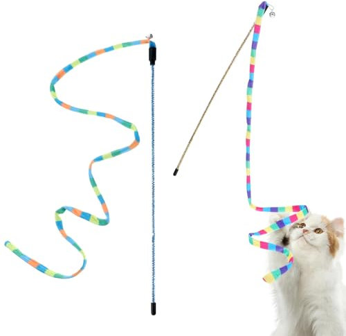 Cat Wand Toy, 2 PCS Interactive Cat Rainbow Wand Toys for Indoor Cats and Kittens Colorful Cat Dance String Stick Toy Cat Feather Teaser Wand with Bells for Indoor Cats Kitten to Play Chase Exercise