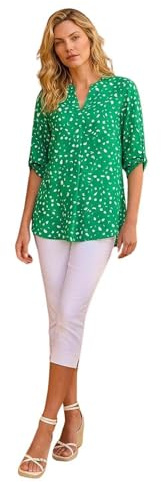Roman Pleat Front Top for Women UK Ladies Pleated Shirt Notch V Neck Blouse Summer Tunic Spring Pull-On Comfy Soft Evening Holiday Vacation Work Party Everyday - Abstract Green - Size 16