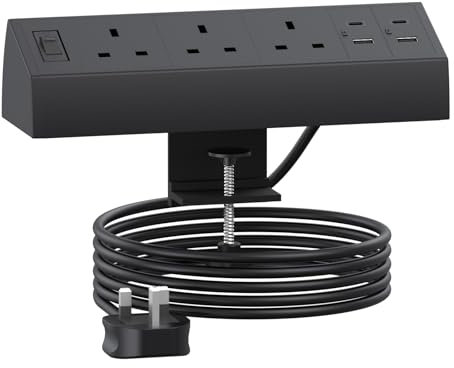 Desk Power Socket with USB C, Haylink Aluminium Power Strip with 3 UK Plugs, 4 USB Ports, 3M Cable, and On/Off Switch, Desktop Clamp Socket for Office Home, Black