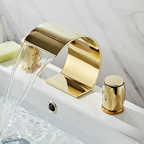 ZYCDP Mitigeur Lavabo 3 Trous Mitigeur Lavabo Salle de Bain Cascade 2 Poignées Laiton Or