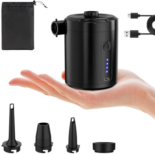 Inflador Electrico Portatil, Bomba Aire Recargable Mini con 4 Boquillas, Hinchador Colchon Hinchable Batería 5200mAh,Bomba Eléctrica Inflar-Desinflar Rápido para Camping,Bote Inflable,Piscina Infantil