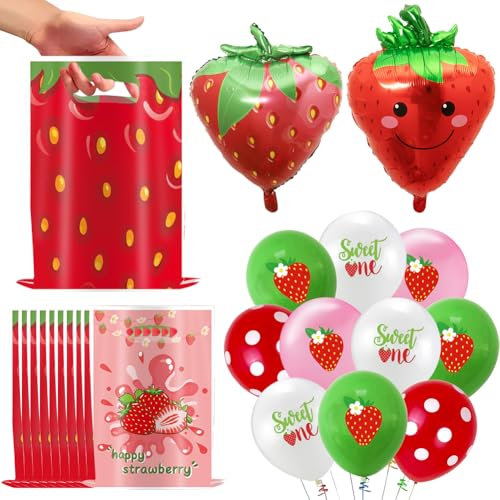 18 Stück Erdbeer Luftballons, 10 Stück Erdbeer Geschenktüten, Folienballon Obst, Erdbeeren Deko, Erdbeere Folienballon für Mädchen Geburtstagdeko Motto Party Dekorationen