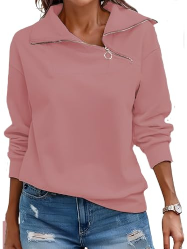 Cuptacc Sweatshirts for Women Autumn Long sleeved Women's Sportswear Casual Stand Collar 1/4 Zip Pullover Top Dark Pink, XX-large XXL 24-26