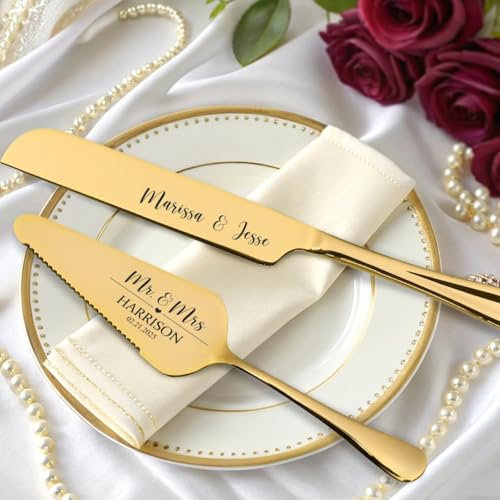 XFZDKJSD Custom Wedding Cake Serving Set Engraved Cake Cutter Wedding,Custom Engagement Engraved Set (Gold)