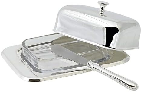 EDZARD Butterdose Mista (13 x 18 cm, H 8 cm), Silberglanz-Finish, hochglanzpoliert, mit Glasschale, inklusive Buttermesser, für 250 Gramm Butter - Servierschale für Butter edel, Tischdeko edel