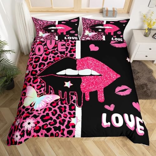 Homewish Housse de Couette 240 x 260 Femmes Lèvre Rose,Parure de Lit Enfant Impression de Léopard Rose,Sets de Housses de Couettes Cœur d'amour de Papillon,Couvre Lit Glitter Romantique À Thème