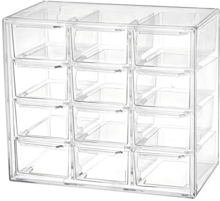 Organizador de Escritorio Apilable con 12 Cajones - Caja de Almacenamiento Transparente de Plástico para Materiales Manualidades, Oficina, Costura, Cosmética y Joyería