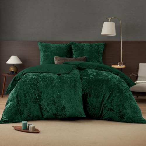 PHF Samt Bettwäsche 4 teilig 135x200, Luxus Flauschig Bettwäsche 135x200 cm *2 mit 2er Kissenbezüge 80x80 cm, Kuschel Velvet Bettbezüge, Smaragd Grün
