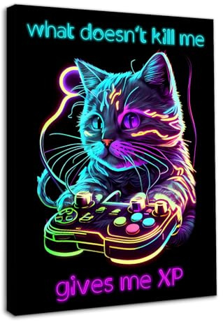 Dazzlewall Neon Gaming Wandbilder, Lustiges Cyberpunk Katzen Bild für Jugendzimmer Spielzimmer Deko 12×16 in Mit Rahmen