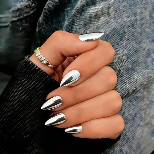 KQueenest Press On Nails Kurz Almond - Chrome Silber Weiß Künstliche Nägel zum Aufkleben Kurz, 30 Stück 15 Größen Metallic Fake Nails Press ons, Wiederverwendbar Dick Sparkle Acryl Nägel für Damen