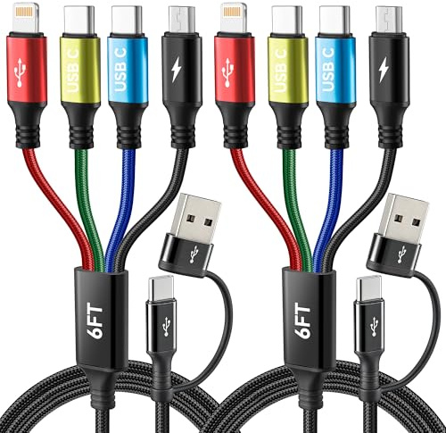 Minlu Câble de Chargeur Double USB-C, Câble de Charge 4 en 2 Lot de 2 1,8M | Câble de Charge Rapide USB C/A vers 2*USB-C+Lightning+Micro, Câble de Recharge Tressé pour iPhone/Galaxy/Android/Tablette