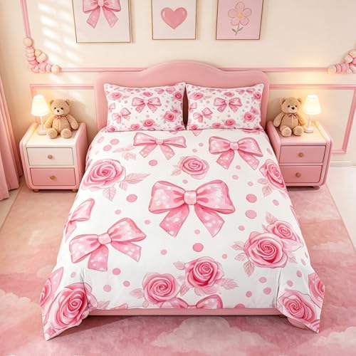 Homemissing Romantische Bowknot Bettwäsche Set 200x200cm Für Kinder Jungen Mädchen Pink Bow Bettwäsche-Set Rose Blumen Floral Bettbezug mit 2 Kissenbezüge Bowknot Blume mit Reißverschluss