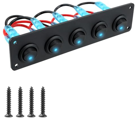 5 Gang Rocker Switch Panel 12V-24V 20A Pre-Wired Round Waterproof On/Off | Toggle SPST 3 Pin Switches Control Panel with Blue LED Light for Marine Car Boat RV Campervan Yacht Trailer Tractor Truck