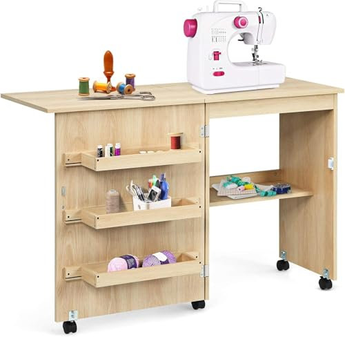 RELAX4LIFE Table Pliable pour Machine à Coudre avec 4 Etagères de Rangement, Armoire à Machine à Coudre avec Roulettes avec Freins, Table Pliable en MDF, 117 x 40 x 77 CM, Blanc/Naturel/Brun (Naturel)