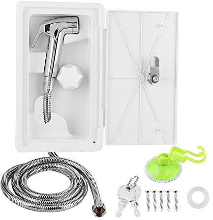 Tomotato Kit Box Doccia per Camper da Campeggio Bianca Esterno, 1,5m Tubo | Pratico Box Doccia Esterno con Interruttore Caldo Freddo, Soffione e 2 Chiavi per Camper e Barca