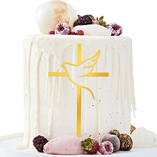 BETESSIN 2Stk. Kuchendeko Kreuz Cake Topper Taube Gold Acryl Torte Deko 15x10cm Spiegel Kuchen Dekoration Set für Hochzeit Geburtstag Party Kommunion