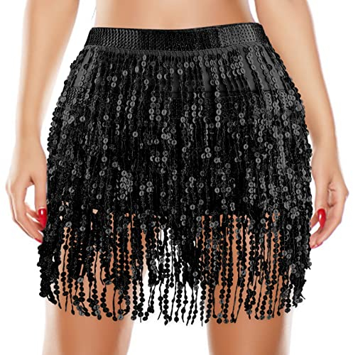 Quasten Pailettenrock Mädchen Schwarz Pailletten Steampunk Rock Quastenrock Bauchtanz Hüftschal Quaste Pailletten Rock Quastenkarnevalsrock Röcke Rave Outfit Bauchtanz Kostüm Damen Belly Dancer