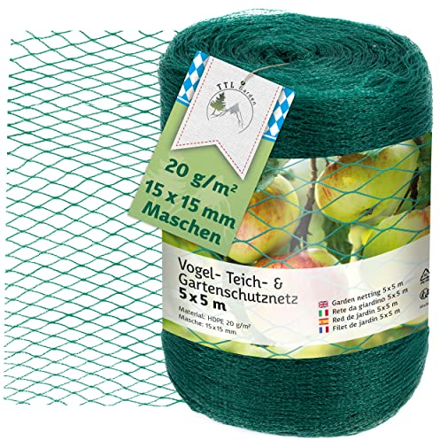 TTL Garden 5x5m Vogelschutznetz Gartennetz Teichnetz grün 20g/m² - 15x15mm feinmaschig 3-Fach gewebtes HDPE Obst & Obstbaum Netz Gemüse Schutznetz Vogelabwehr Netz, reißfest dehnbar robust