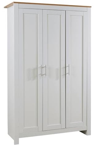 Home Source Bedroom Furniture, 3 Door Wardrobe, 5 Storage Shelves, Oak Effect Top, White