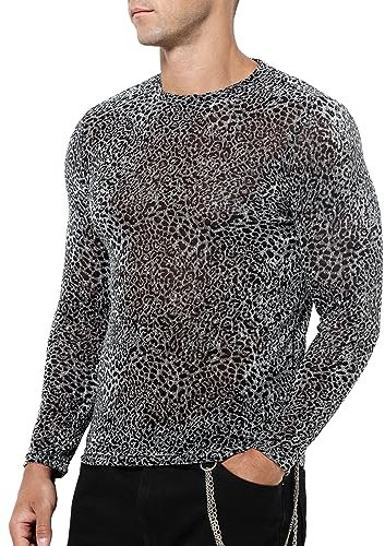 Casey Kevin Herren Glitzer Shirts Pailletten T-Shirt Durchsichtig Oberteile Metallic Langarmshirts Hemd Glänzend
