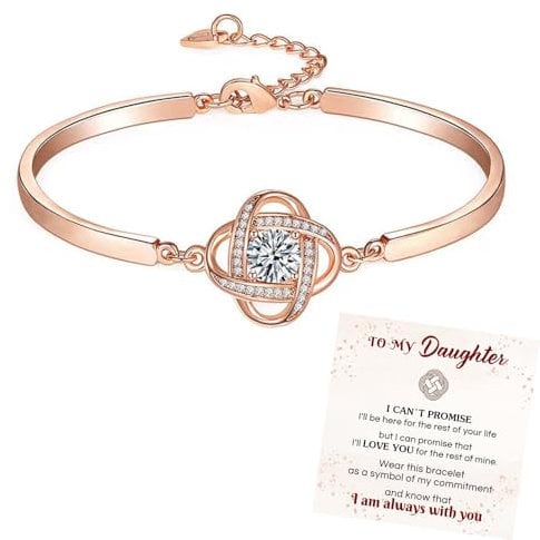 grupan For Daughter - I Am Always with You Diamond Knot Bracelet, 925 Sterling Silver Adjustable Bracelet, Four Leaf Clover Diamond Bracelet, Jewelry Presents for Women Girls (Rose Gold)