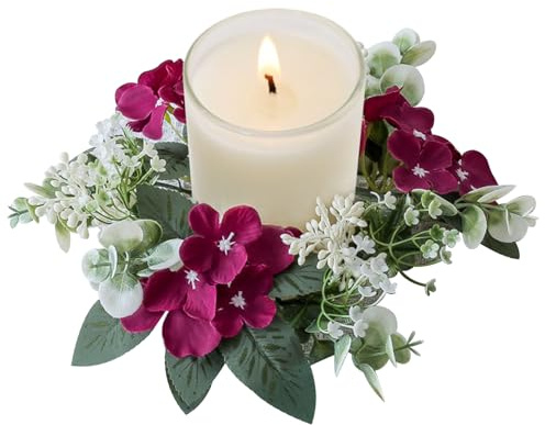 Blumenkerzenringe, 25,4 cm, kleiner Kerzenkranz, künstliche Kerzenringe für Säulen, Hortensien, Kerzenringe, Kränze für Hochzeit, Tische, Zuhause, Tür, weinroter Kerzenkranz, Kerzenringe für Säulen, K