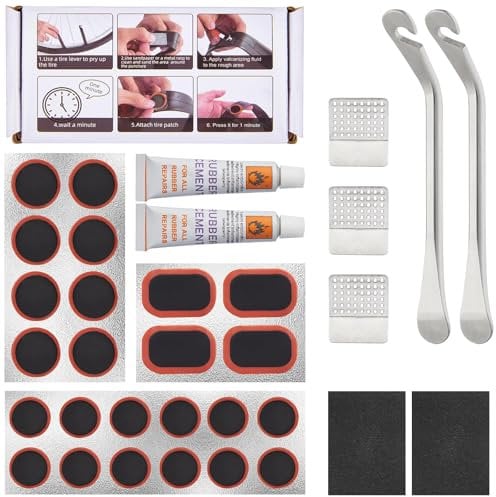 Zacro 34 PCS Bike Puncture Repair Kit - Bike Tyre Puncture Repair Kit with 2 Vulcanizing Fluid, 24 Puncture Repair Patches, 2 Stainless Steel Levers, 3 Metal Rasps for Mountain MTB BMX Ebike Scooter