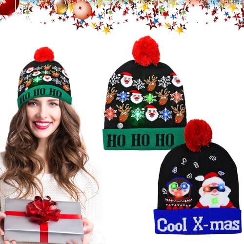 JOKILY Weihnachtsmütze, LED Weihnachtsmütze Erwachsene, Warme Wintermütze, Dehnbare Strickmütze, Leuchtende-Weihnachtsmütze für Weihnachtsfeier Damen Herren Kinder