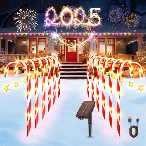 GEARLITE 12 Stück Zuckerstangen Weihnachtsdeko Aussen, 10 Modi Solarlampen für Außen USB-C Aufladbar, IP65 Wasserdicht Weihnachten Deko für Garten Boden Weihnachtsbaum Outdoor Geschenk
