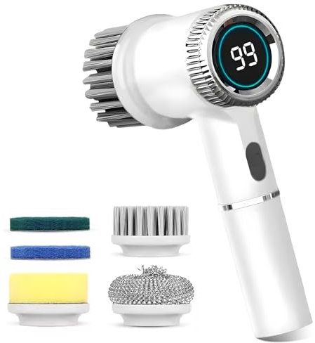 Electric Cleaning Brush with 3 Speeds, Cordless Spin Scrubber with LED Display, 5 Replaceable Brush Heads, Waterproof Power Scrubber for Bathroom, Kitchen, Floor, Tile, Bathtub, Car, Stove, Window