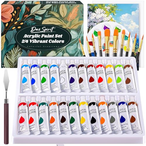 DazSpirit Set Pintura Acrilica,24 Tubos de Pinturas Acrilicas 12ml para Lienzos Madera Y Manualidades,con 10 Pinceles, Raspador Y Paleta, Pintura Acrílica Para Adultos, Niños,Artistas Principiantes