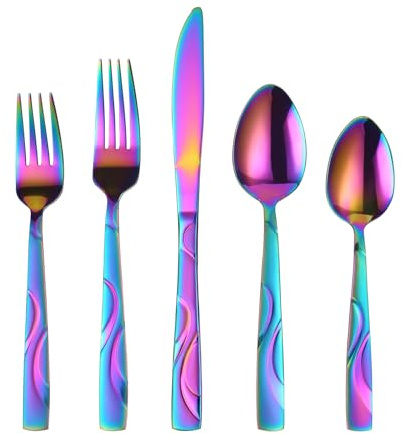FONGDANLAITE 40-Piece Rainbow Stainless Steel Flatware Set | , Ergonomic Silverware Set with Fork Spoon Knife, 40-Piece Colorful Cutlery Tableware Set - Dishwasher Safe