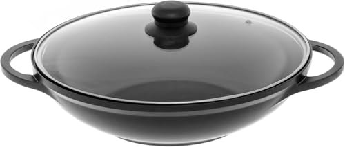 JUNG Profi Aluguss Wokpfanne – 32 cm Induktion Wok mit Glasdeckel, 4,8L Volumen, Titanium Antihaftbeschichtung für fettfreies Kochen, Spülmaschinenfest – Vielseitige Wokpfanne für alle Herde