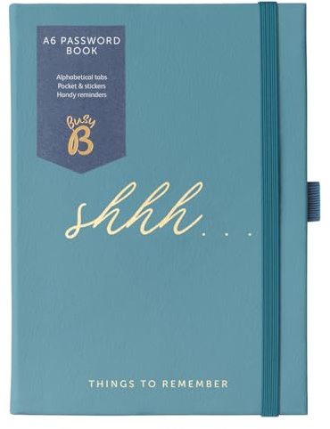 Busy B Password Book - Teal Faux Leather with A-Z Index & Pocket | Compact password book with tabbed A-Z index, storage pocket, stickers and elastic closure for secure organisation.